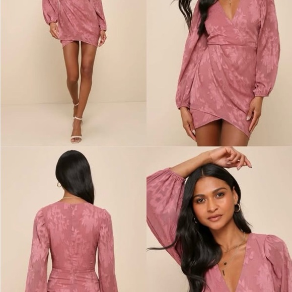 Lulus Mauve Long  Sleeved Floral Flirty Sparkly Lined Mini Dress Size M - Picture 16 of 16